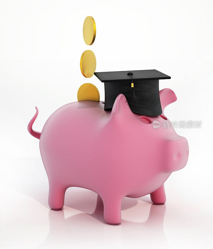 学位帽站在猪储蓄罐的头上。教育成本与节约观念