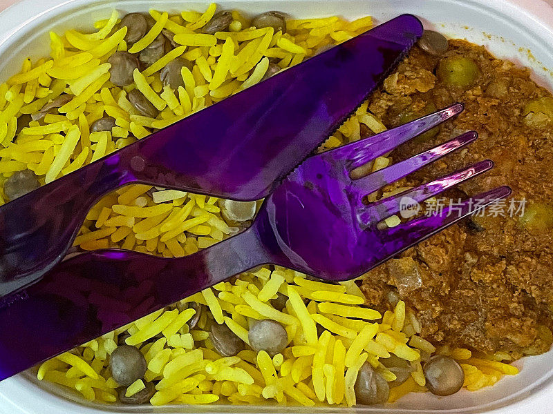 全框形象的塑料飞机食品碗包含印度咖喱饭藏红花饭，一次性塑料紫色餐具，提高的看法