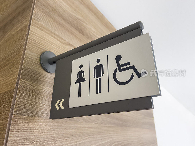 女，男轮椅进入厕所标志，低角度视角