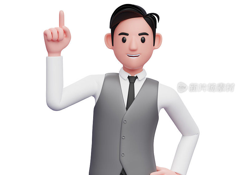 一个商人的肖像在灰色马甲西装指着食指，一个商人举起手指的3d插图