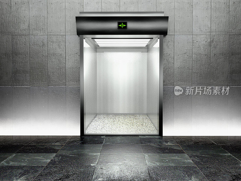 3d现代电梯与开放的门