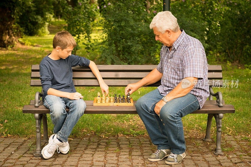 爷爷和孙子在公园里下棋