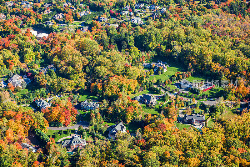 纽约，郊区的乡村，秋天的树叶，鸟瞰图