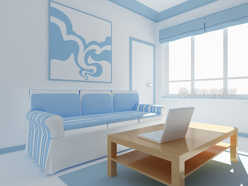 3D客厅-白色和蓝色
