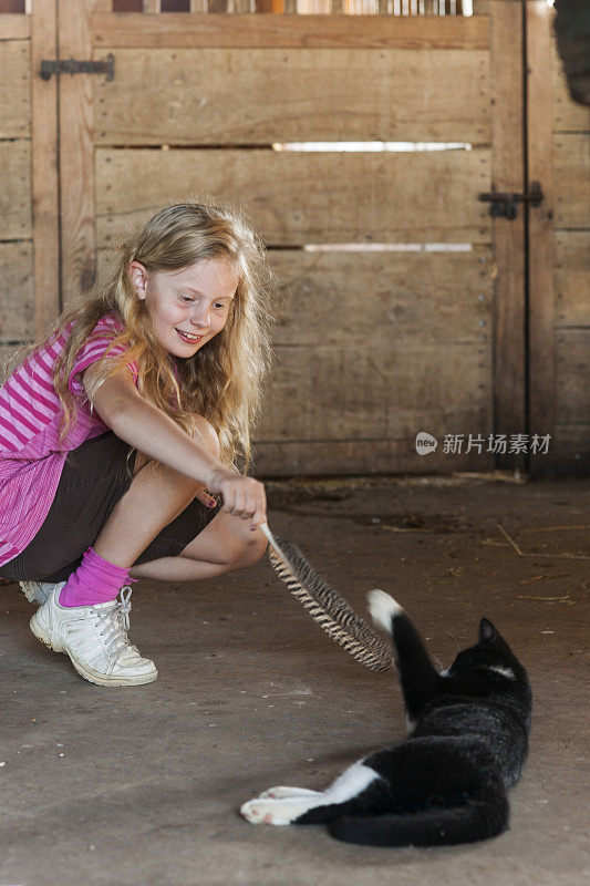 女孩给黑猫挠痒痒