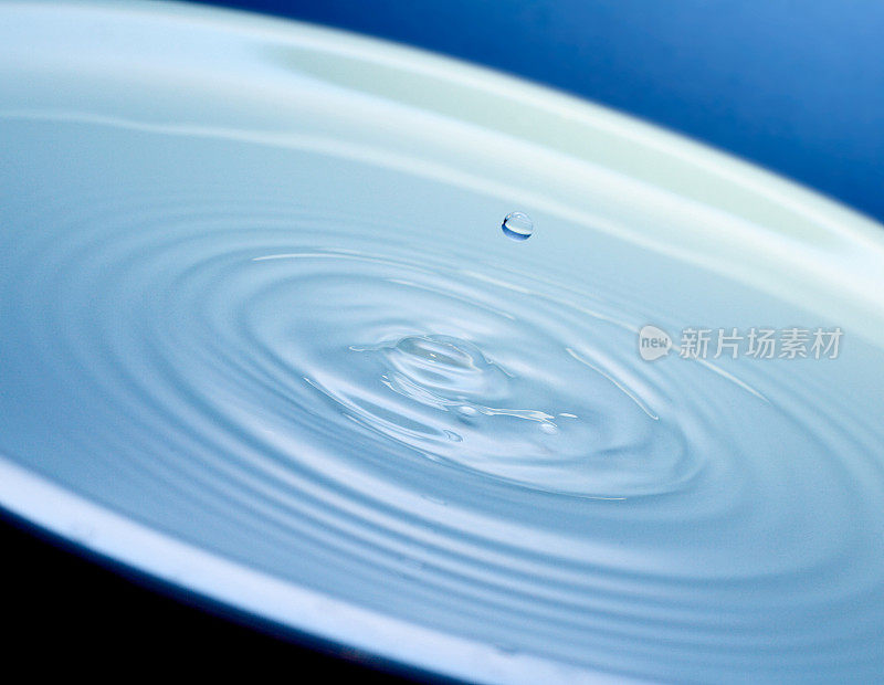 蓝色盘子的水滴和涟漪