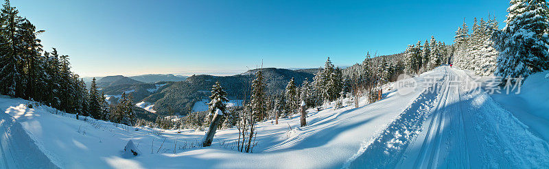 冬季全景与越野滑雪跑在日落
