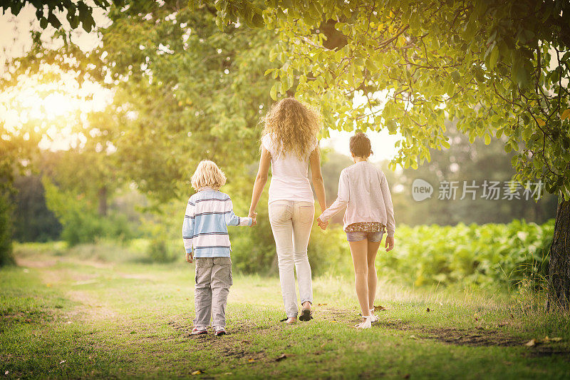 妈妈和孩子们在绿色的草地上散步