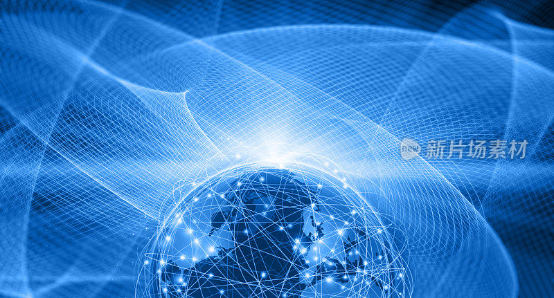 地球以蓝色空间为背景，通过计算机网络连接