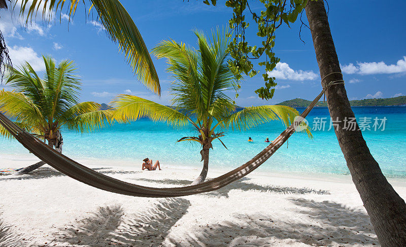 沙滩景色，一张吊床伸展在棕榈树之间