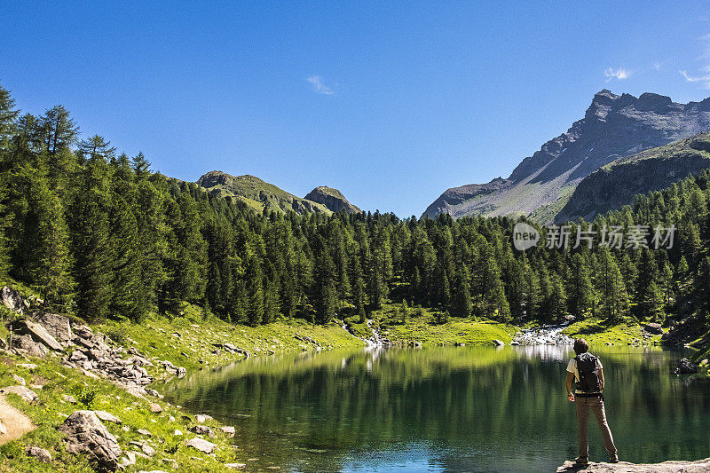 远足者和山湖的背景