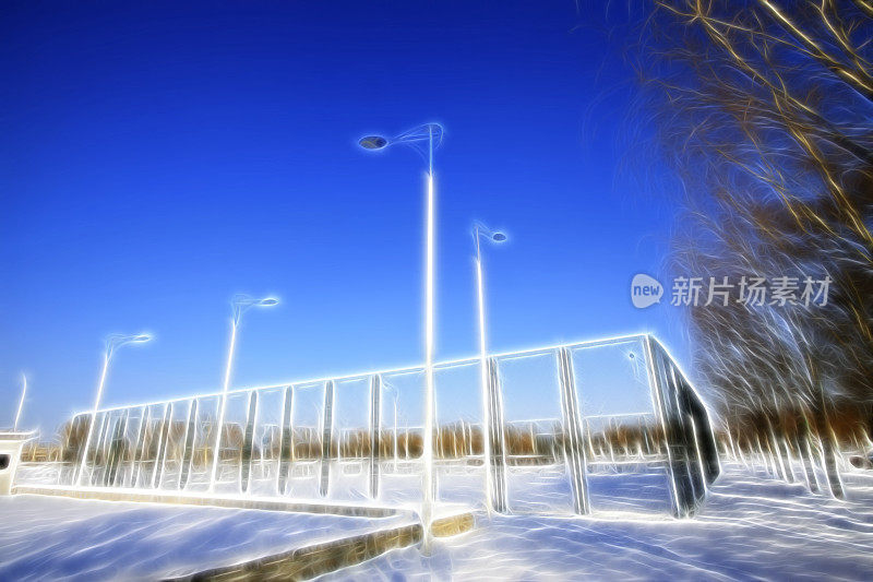 公园网球场里的雪，电脑生成的图像，特写照片