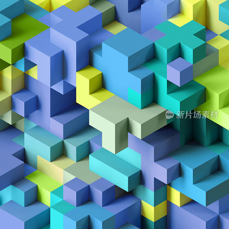 3d渲染，抽象几何背景，彩色构造器，逻辑游戏，立方马赛克结构，等角墙纸，蓝绿色立方体