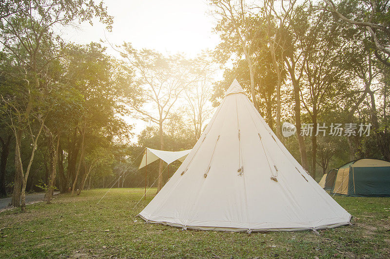 在绿树成荫的草坪上搭帐篷。概念、露营、旅游、休闲、自然。