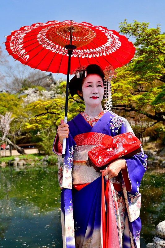 日本女人在Maiko的服装和发型享受京都的春天