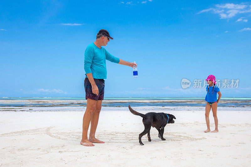 沙滩上的狗狗爸爸和女儿