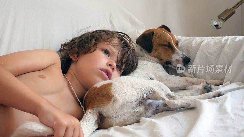 一个小孩和他的狗在家里的沙发上看电视。