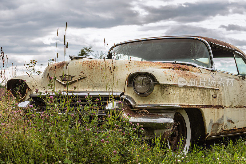 五十年代被遗弃的杂草丛生的老爷车