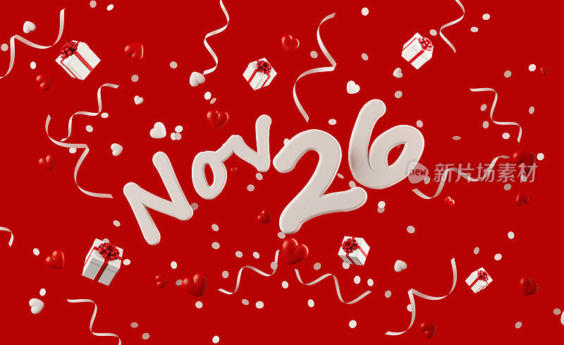 11月26日周围是礼盒、五彩纸屑和红色背景上的派对彩带