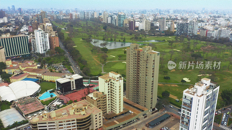 油画全景鸟瞰图圣伊西多罗地区在利马，秘鲁。