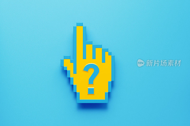 问号写在黄色像素化的手光标坐在蓝色背景上