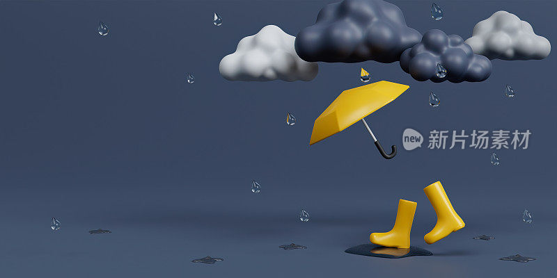 暗灰色背景下的雨云下的黄色雨伞和橡胶靴。3d渲染图。