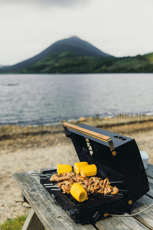 在夏季与风景秀丽的湖景户外烧烤