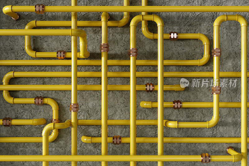 黄色燃气或水管道的高角度视图