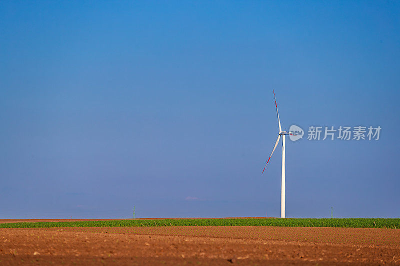 春天蓝天下的农业平原上的风力涡轮机