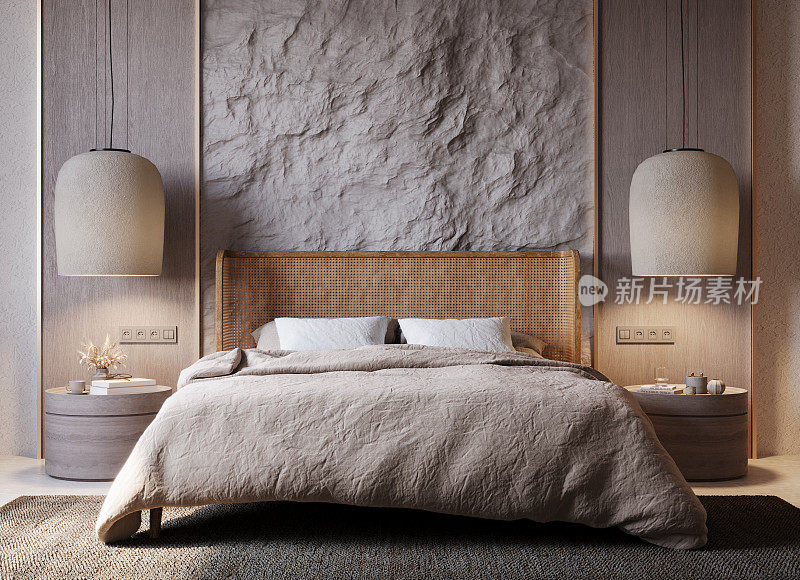 现代舒适的卧室室内设计。3D渲染。