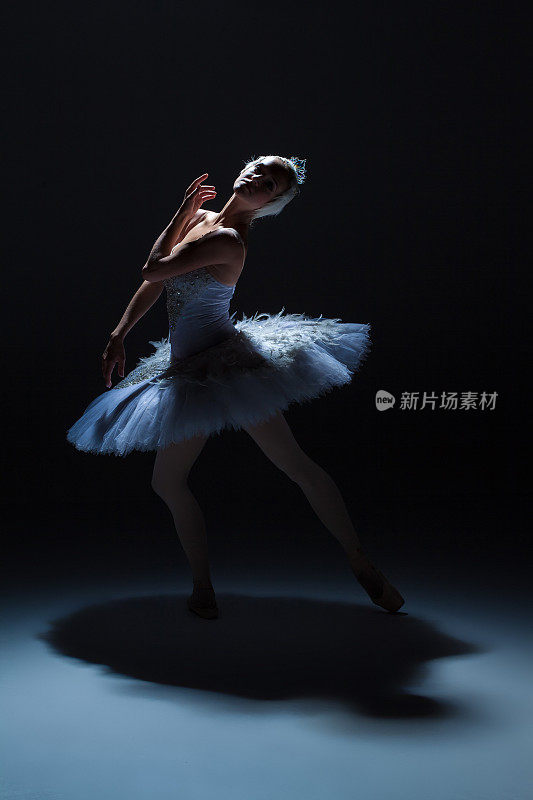 芭蕾舞女演员的肖像在芭蕾舞tatu在黑暗的背景