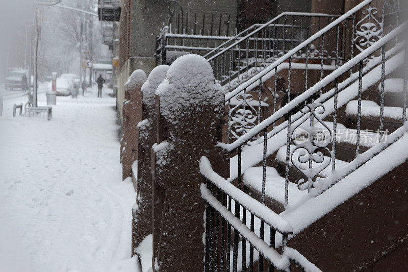 积雪覆盖了布鲁克林的联排别墅的门廊和人行道