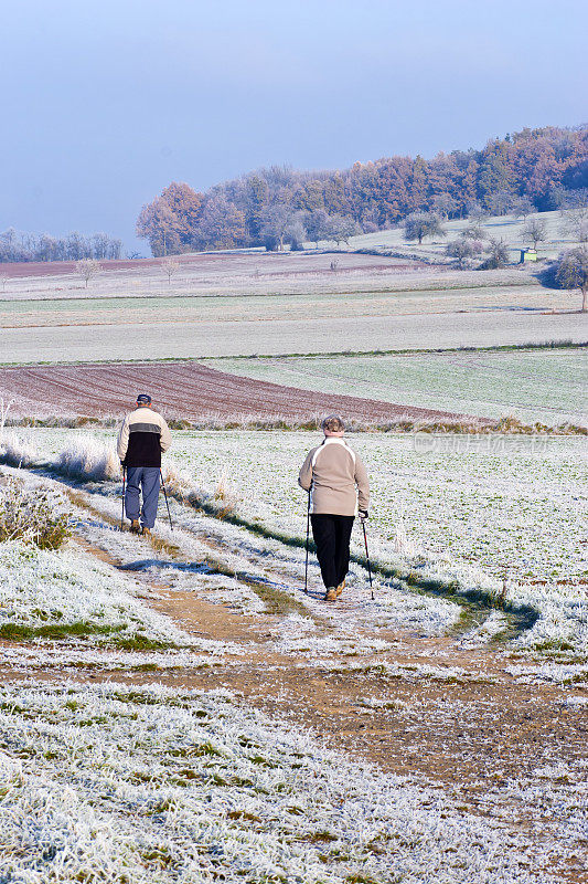 北欧人在一个霜冻的日子里行走