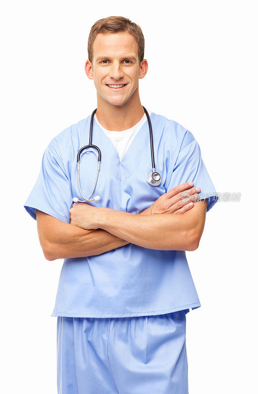 男性外科医生双臂交叉站立-孤立