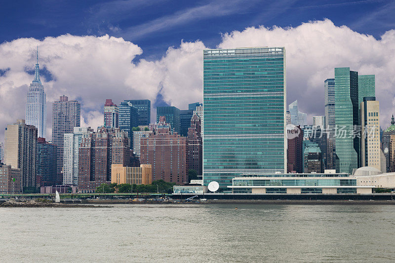 纽约天际线，联合国大厦和帝国大厦，
