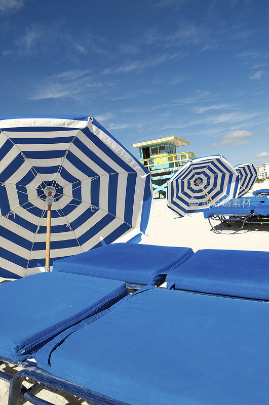 带条纹伞的迈阿密海滩蓝色日光浴床