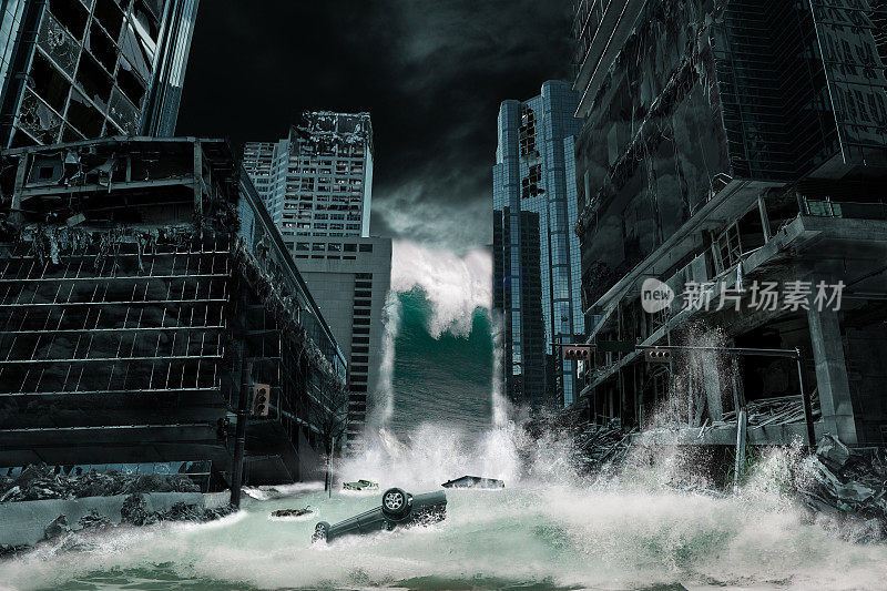 被海啸摧毁的城市的电影写照