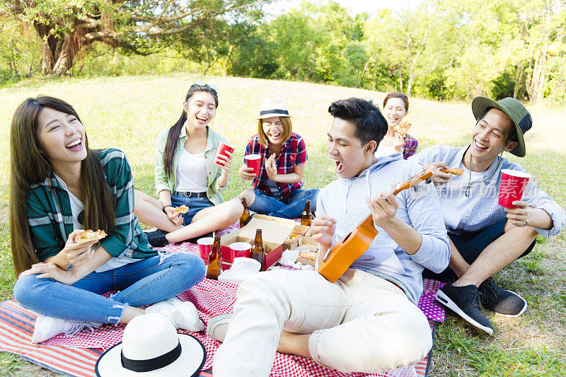 快乐的年轻朋友群享受野餐派对