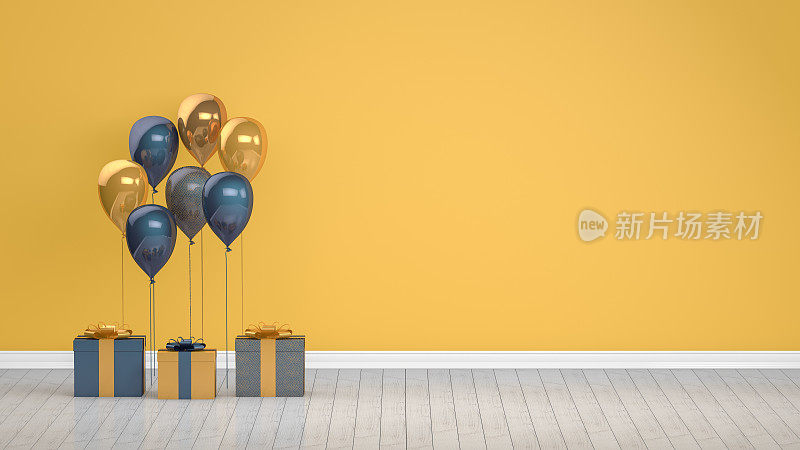 空荡荡的房间里有闪亮的金色和蓝色气球。圣诞节，情人节，生日概念。
