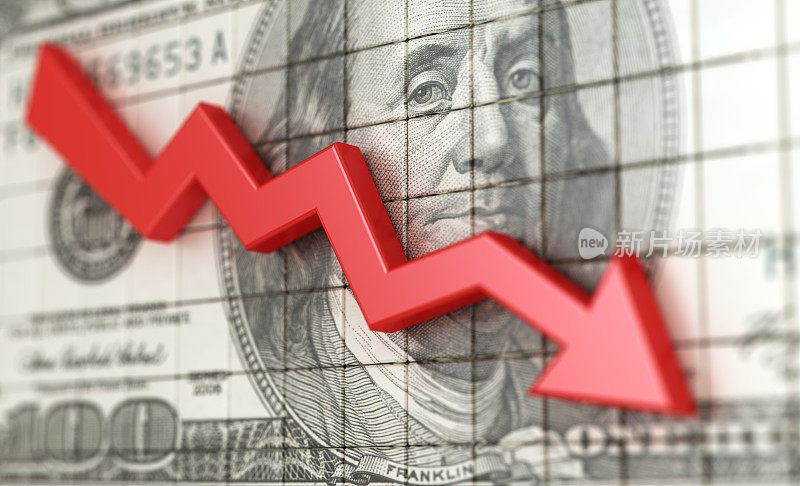 业务图表与红色箭头向下和美元背景。损失的钱。股市崩盘3d插图。