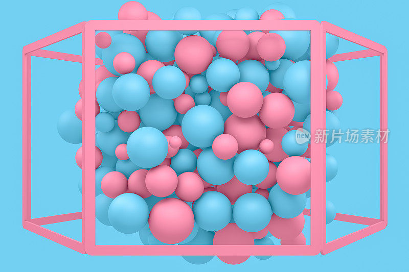 3D圆形框架与飞行的球在蓝色的背景