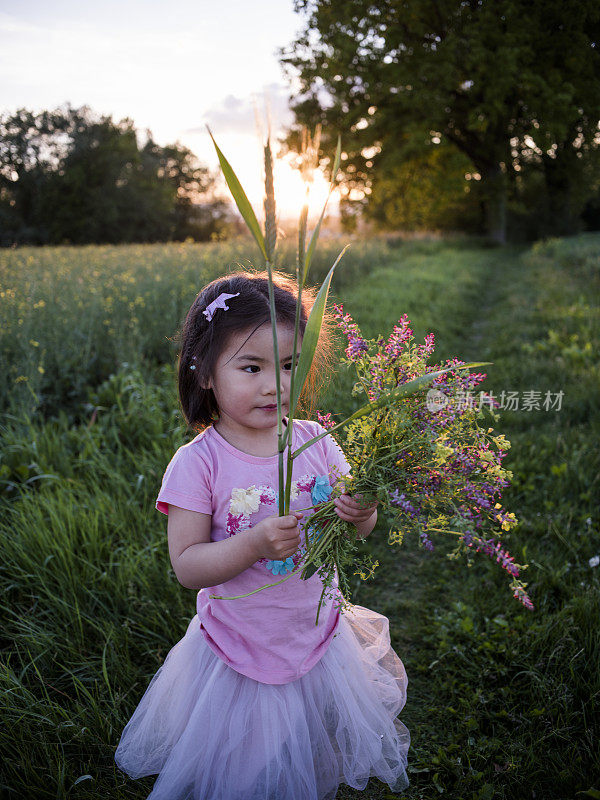 在瑞士闻着夏日鲜花的小女孩