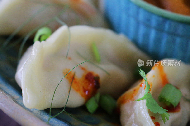 这是蒸饺(南亚饺子)的特写图片，白面粉和水面团里裹着鸡肉和什锦蔬菜，淋上辣椒油，放在盘子里，周围是用橙子辣酱做的小模子