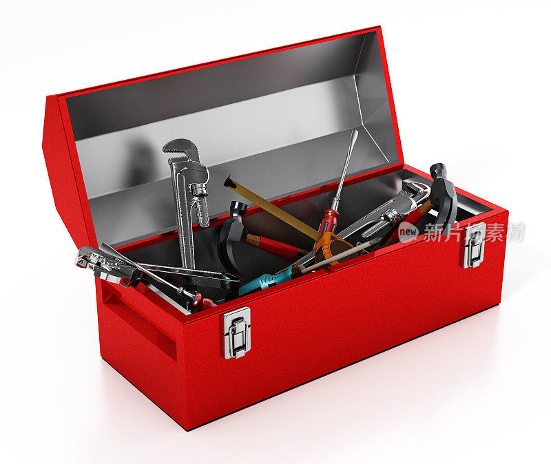 红色金属工具箱与各种手工工具