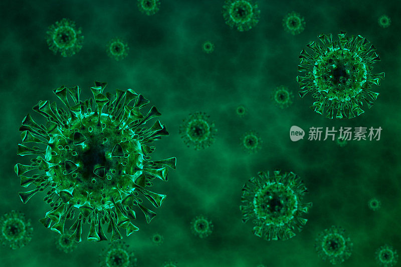 绿色显微镜探针下的冠状病毒-射线追踪图像