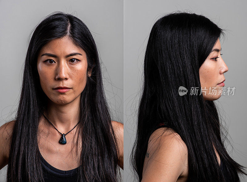 严肃的亚洲中年妇女的正面和侧面头像