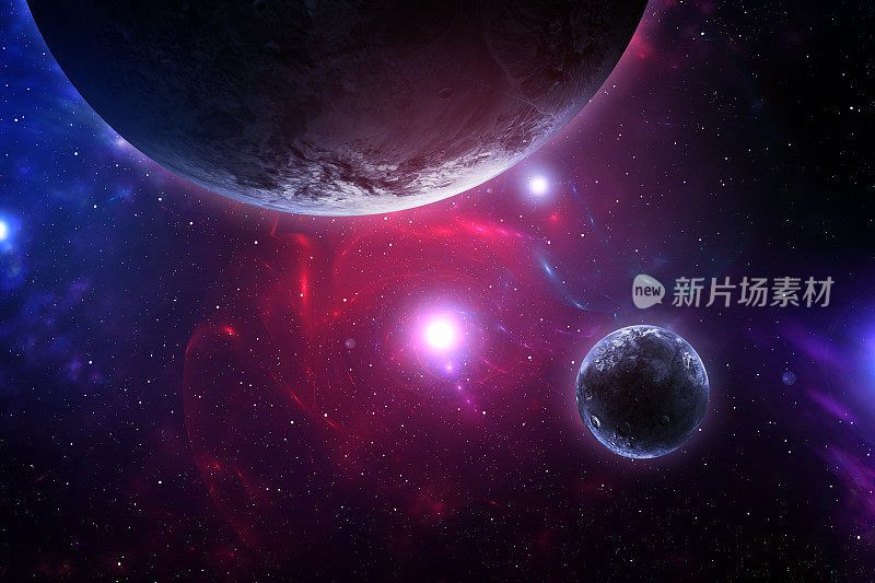 3D渲染的星系空间场景与行星和星云