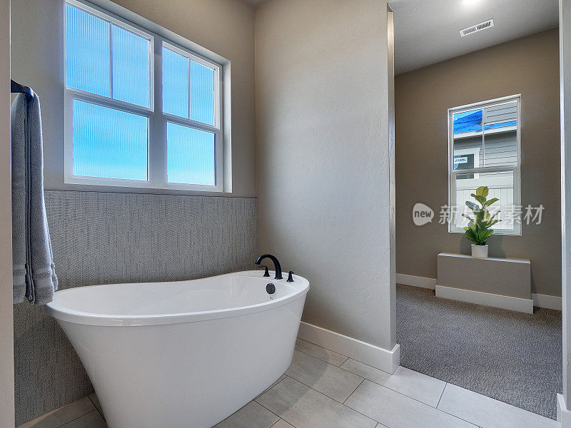 现代主浴室独立式浴缸和走在壁橱与窗户内部房地产上市