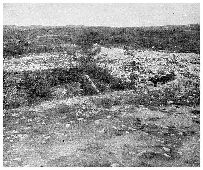 古黑白照片:圣胡安山顶，西班牙战壕遗迹，古巴