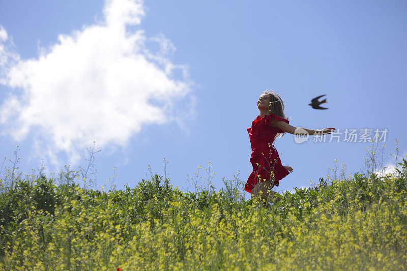 穿红裙子的女孩在草地上度过闲暇时光，像鸟儿一样飞翔